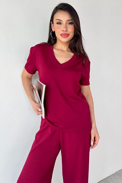 Cappmoda TKM-13261 Tricou cu decolteu în V burgundă Set pantaloni largi cu talie înaltă
