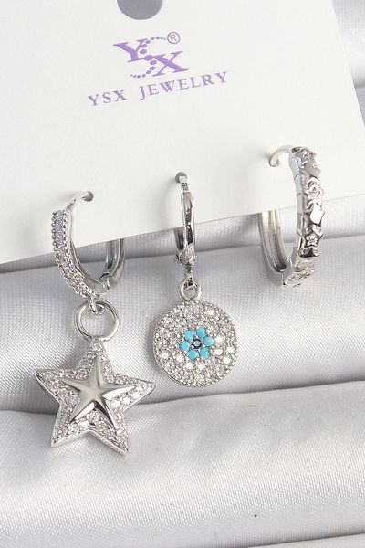 Clariss Brass Gold Color Zircon Stone Star Model Evil Eye Bead Detail 3-Piece Women's Combination Earrings