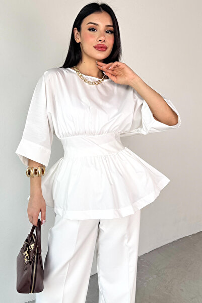 Cappmoda Blz-06285 White Round Neck Double Sleeve Side Zipper Pleated Blouse