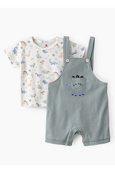 Basicxx Boys' Dinosaur Print T Shirt & Green Embroidered Romper Set