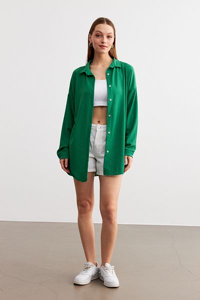 Trendseninle Γυναικείο Πράσινο Oversize Μακρύ Πουκάμισο