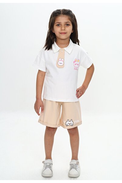 Toontoy Girl's Polo Neck Chest Printed Shorts Suit