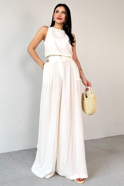 Cappmoda Tkm-13259 Stone Color Round Neck Tank Top Palazzo Pants Linen Two-Piece Set