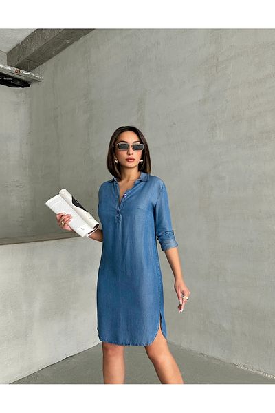 Miss Prova Rochie de vară din denim cu mânecă lungă, cu guler de cămașă, cu nasturi MISSEL8979