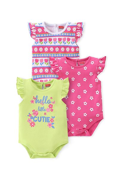 Babyhug Babyhug 100% Cotton Knit Sleeveless Frill Detailing Onesie Pack of 3 Text & Floral Print-Mutlicolour