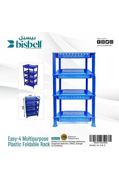 Generic Bisbell 4-Tier Multipurpose Storage Rack, 40 cm Wide, Blue Plastic, Foldable Design,BB1316