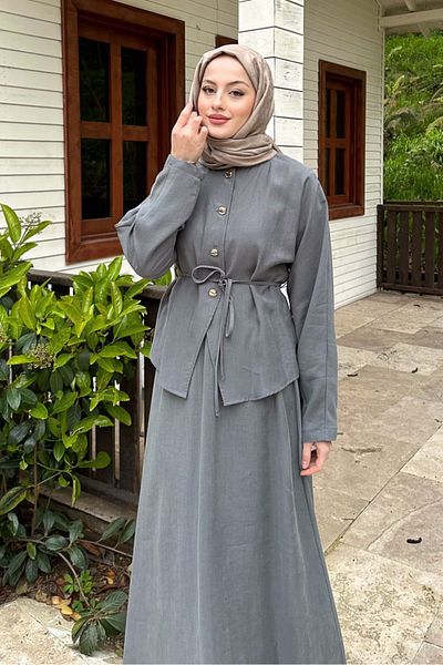 Ovn. Stylish Suit with Bat Sleeve Fit Skirt - Gray