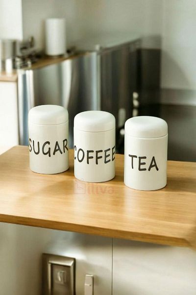 İLİVA Set of 3 Porcelain Tea Coffee Sugar Jars