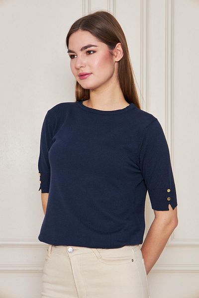 Irmak Kerekli Women's Navy Blue Crew Neck Snap Fastener Short Sleeve Knitwear Blouse 1070