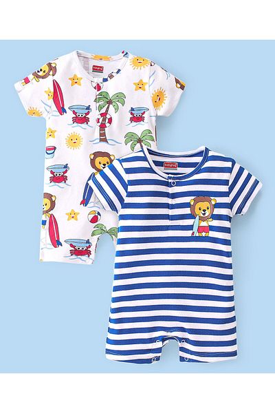 Babyhug Babyhug 100% Cotton Knit Half Sleeves Rompers With Striped & Lion Print Pack Of 2 - White & Blue