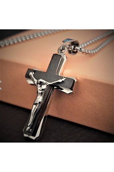 voyageaccessory Paslanmaz Çelik Gümüş Siyah Renk İsa Haç Kolye / 60 cm Zincirli