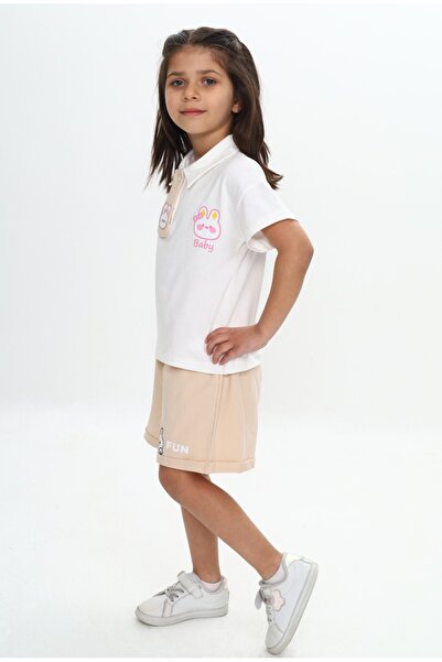 Toontoy Girl's Polo Neck Chest Printed Shorts Suit