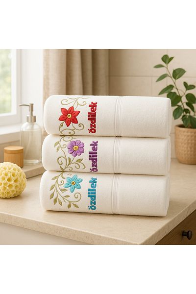 Özdilek 100% Cotton Embroidered White Hand Face Towel 3 Pieces Dowry Towel 50X90Cm