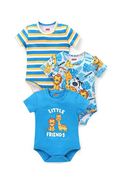 Babyhug Babyhug 100% Cotton Knit Half Sleeves Onesies With Animal Print Pack of 3 - Multicolor
