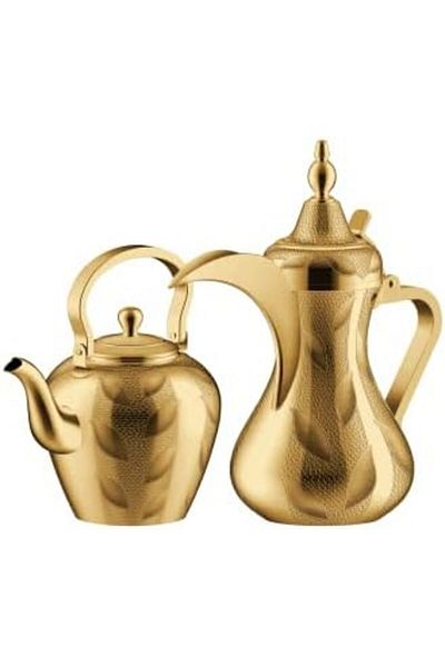 ALSAIF Taima 2-pieces Stainless Steel Arabic Coffee Dallah And Tea Kettle Set,colour: Gold
