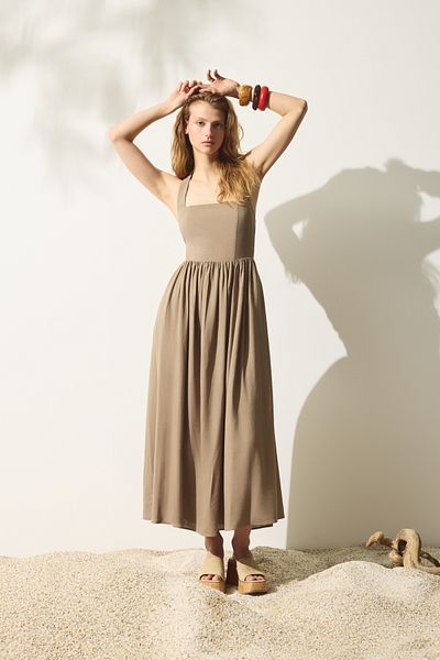 Quzu Thick Strap Backless Linen Dress Brown