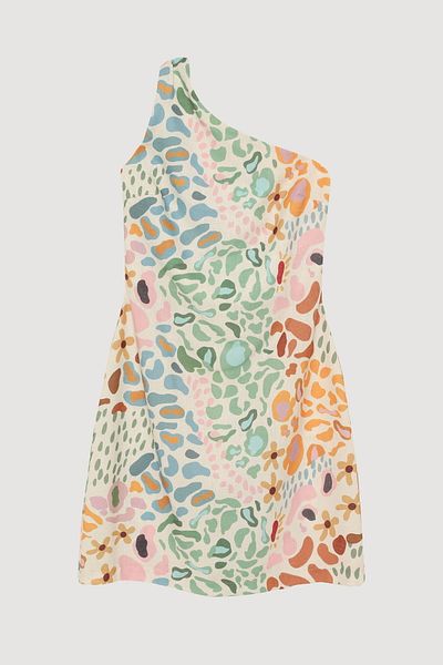 Quzu Colorful Patterned Mini Dress - One Shoulder Natural Keti