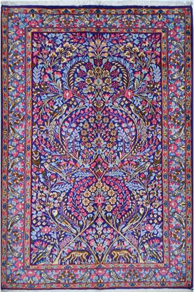 Handmade İran Kirman Halısı, El Dokuma, Doğa Tasvirli Mavi Renk 100x146 cm (1...