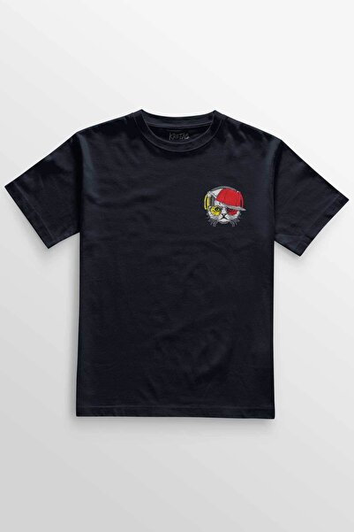 Kretas Unisex tamnoplava T-shirt mačka naočare žuta crvena mačka minimalna pr...