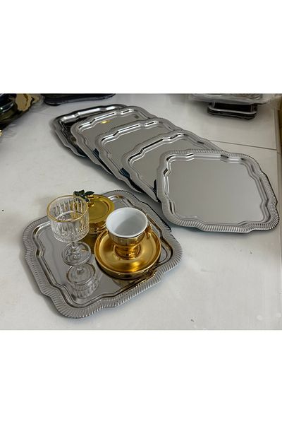 Elzemm store Stainless Steel 6 Pieces Daisy Model Square Edge Patterned Serving Tray