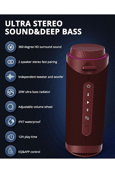 Tronsmart مكبر صوت محمول مقاوم للماء T7 بقوة 30 واط، مزود بتقنية SouldPulse Audio مع صوت محيطي 360 درجة، أحمر داكن