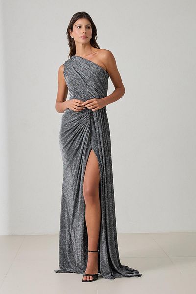Setre Black One Shoulder Long Evening Dress with Slit and Waist Detail