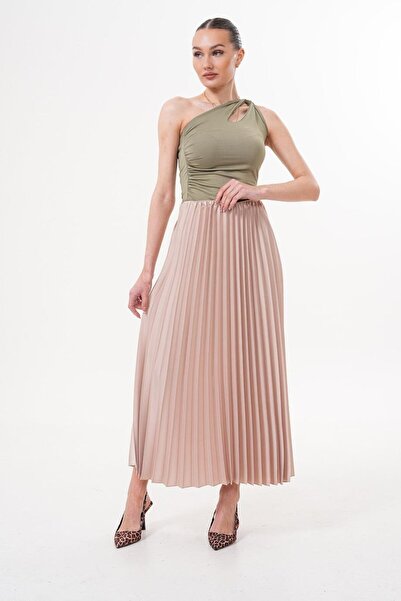 Flame İstanbul Butik Fusta bej plisată din satin cu talie elastică - SRP9438