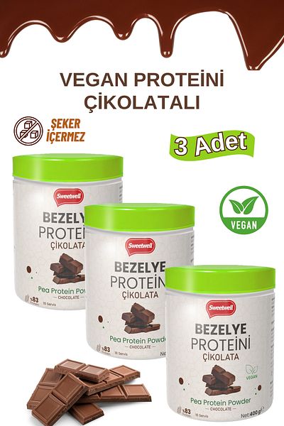 Sweetwell Chocolate Flavored Vegan Pea Protein Powder 400 Gr X 3 Pieces - Contains 83% Protein Pae Protein Powder