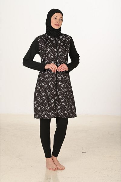 Modestia Costum de baie negru acoperit complet cu modele geometrice - Set din trei piese cu fermoar