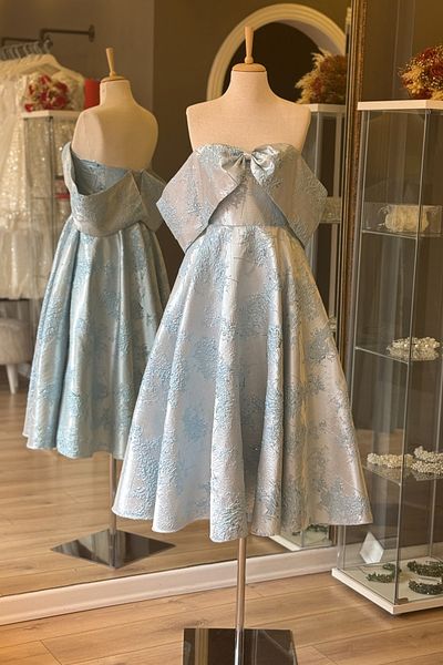 Lenta Moda Ice Blue Low Sleeve Patterned Brocade Fabric Midi Length Evening Dress and Evening Dress