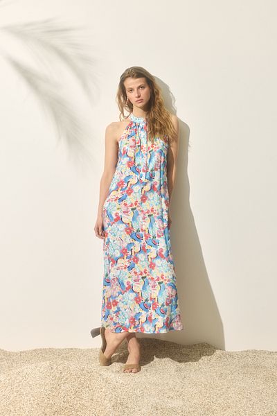 Quzu Rochie lungă cu decolteu cu șarmuire cu model albastru