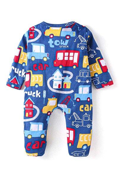 Babyhug Babyhug Cotton Knit Full Sleeves Footed Sleep Suit With Vehicle Print - Blue