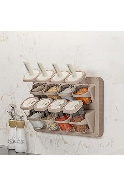 Mu Art Porsima 1116 Stand with Slide Spoon 360 °   Set of Spices with Rotating Lid and Labels - Food Storage