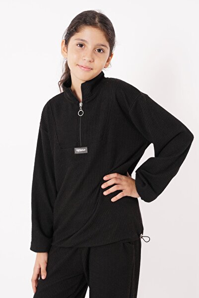 zepkids Turtleneck Black Girl's Tracksuit Set - with Crest Detail and Zipper