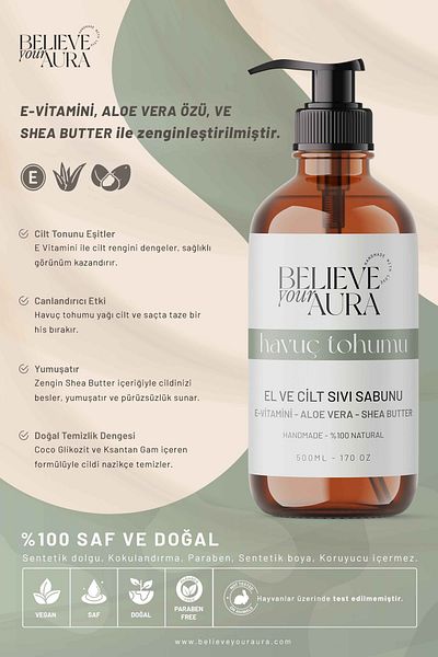 Believe Your Aura Carrot Seed Oil Hand and Skin Soap - Vitamin E Aloe Vera Shea Butter Added Liquid Soap - 500 ml