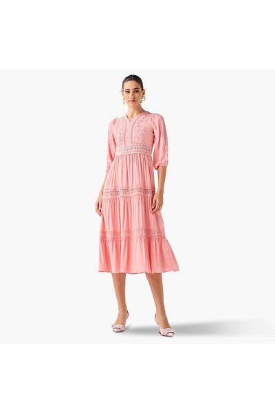 2Xtremz 2Xtremz Lace Insert Midi Dress with 3/4 Sleeves