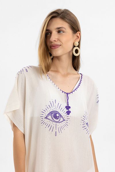 Deriderim Cotton Beach Dress - Cream, Short Sleeve, Tassels and Eye Pattern