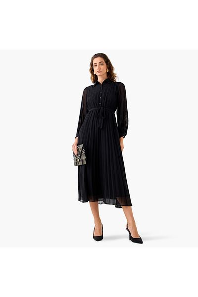 FAV Pleated Midi Dress with Collar and Tie-Up Belt