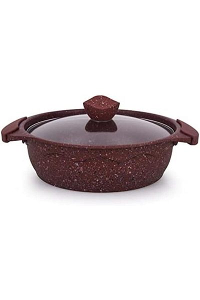 ALSAIF Shallow Pot From , Made Of Non-stick Aluminum With Glass Lid - Size: 26cm, Color: Granite Red