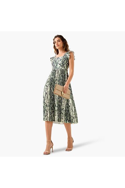 FAV Pleated Midi Dress with Ruffle Sleeves