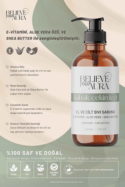 Believe Your Aura 500 ml Nature Hands Liquid Soap - Pumpkin Seed Oil E-Vitamin Aloe Vera Shea Butter