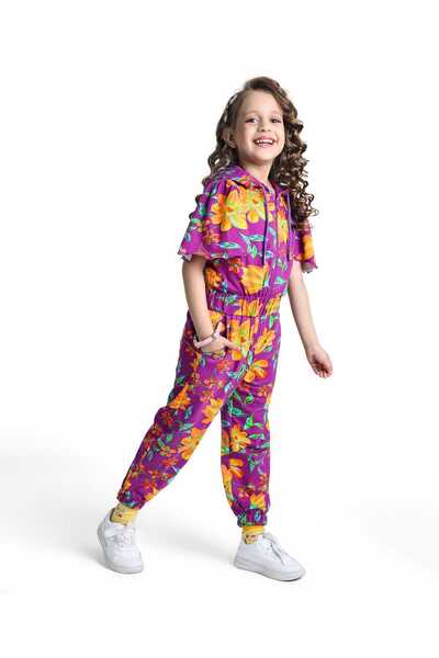 Ollington St. Ollington St. Cotton Knit Half Sleeves Hooded Jumpsuit with Floral Print - Purple