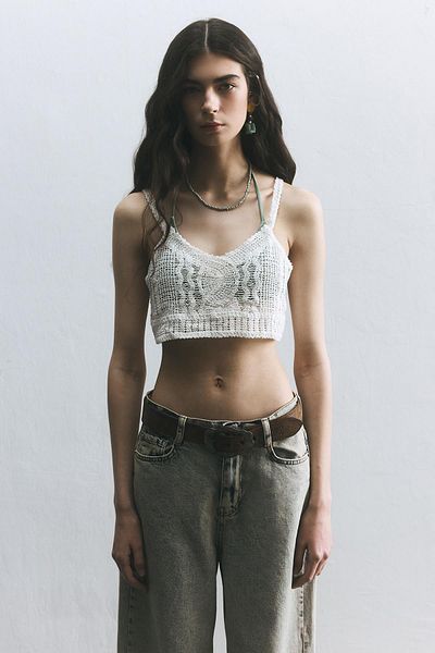 SHERIN Ecru Lace-Up Crop Top