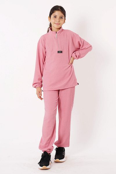 zepkids Dried Rose Colored Turtleneck Crest Detailed Zippered Girl's Tracksuit Set