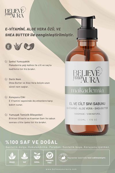 Believe Your Aura Macadamia Oil Liquid Skin Soap - Natural Liquid Soap with E-Vitamin Aloe Vera Shea Butter Addition - 500 ml