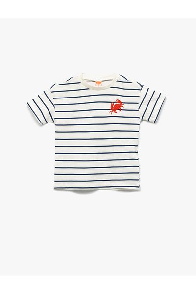 Koton Crab Embroidery Detailed Short Sleeve Crew Neck Cotton T-Shirt