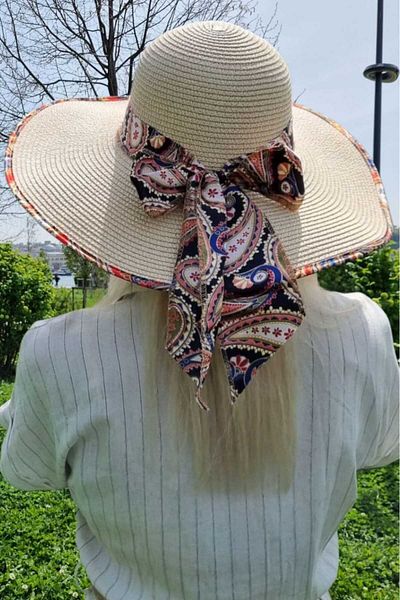 Mood Agenda Women's Wide Brim Paisley Scarf Detailed Straw Beach Hat