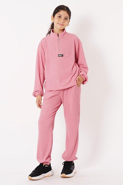 zepkids Dried Rose Colored Turtleneck Crest Detailed Zippered Girl's Tracksuit Set