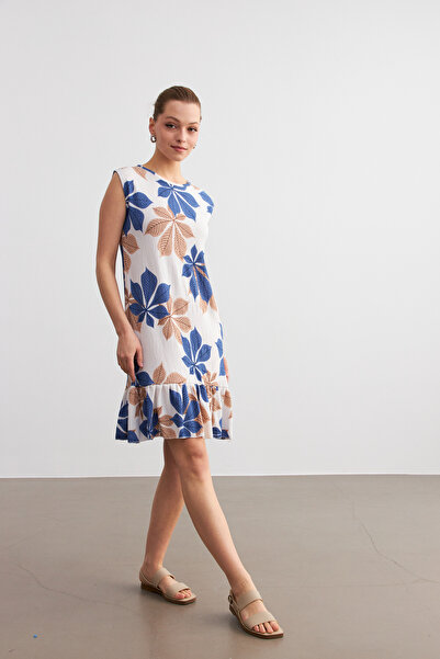 MODAGEN Rochie mini Crinkle fără mâneci cu imprimeu floral albastru-alb pentru femei