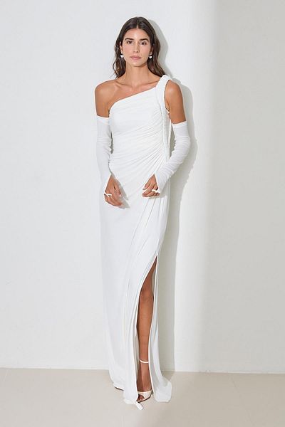 Setre Bone One Shoulder Wearable Sleeve Detailed Side Slit Long Evening Dress